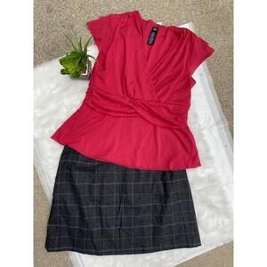 Bundle of Express Women's Red Blouse and Gray Plaid Skirt Set Size 12
